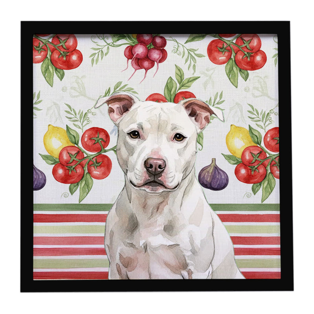 White Staffordshire Bull Terrier Vegetables Framed Metal Print Bathroom, Kitchen, Office, Home Decor Wall Art Ready to Hang, Square, 8X8