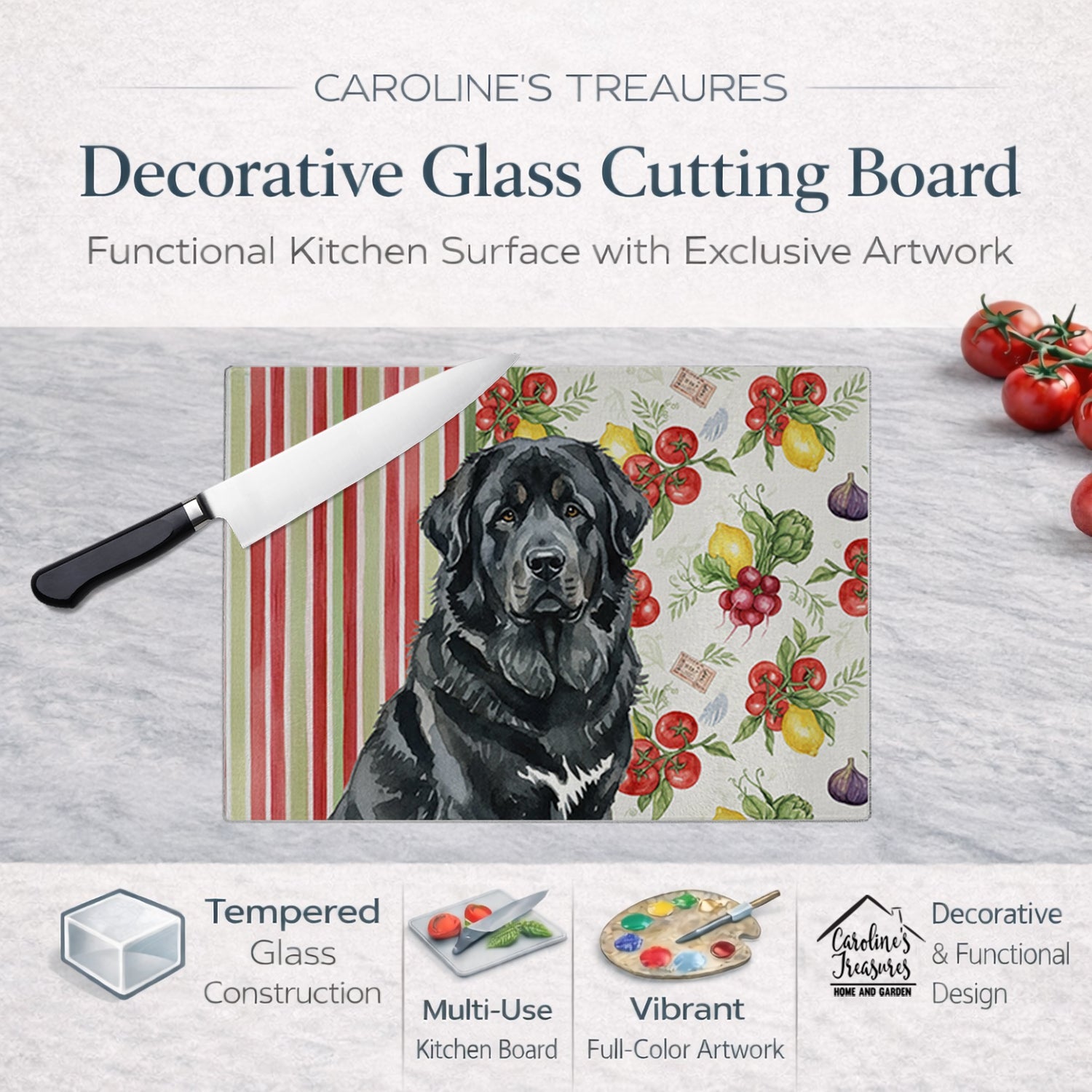 Black Tibetan Mastiff Vegetables Cutting Board Tempered Glass Kitchen Cutting Surface, Heat Resistant Chopping, Non-Slip Feet, Food Prep & Serving