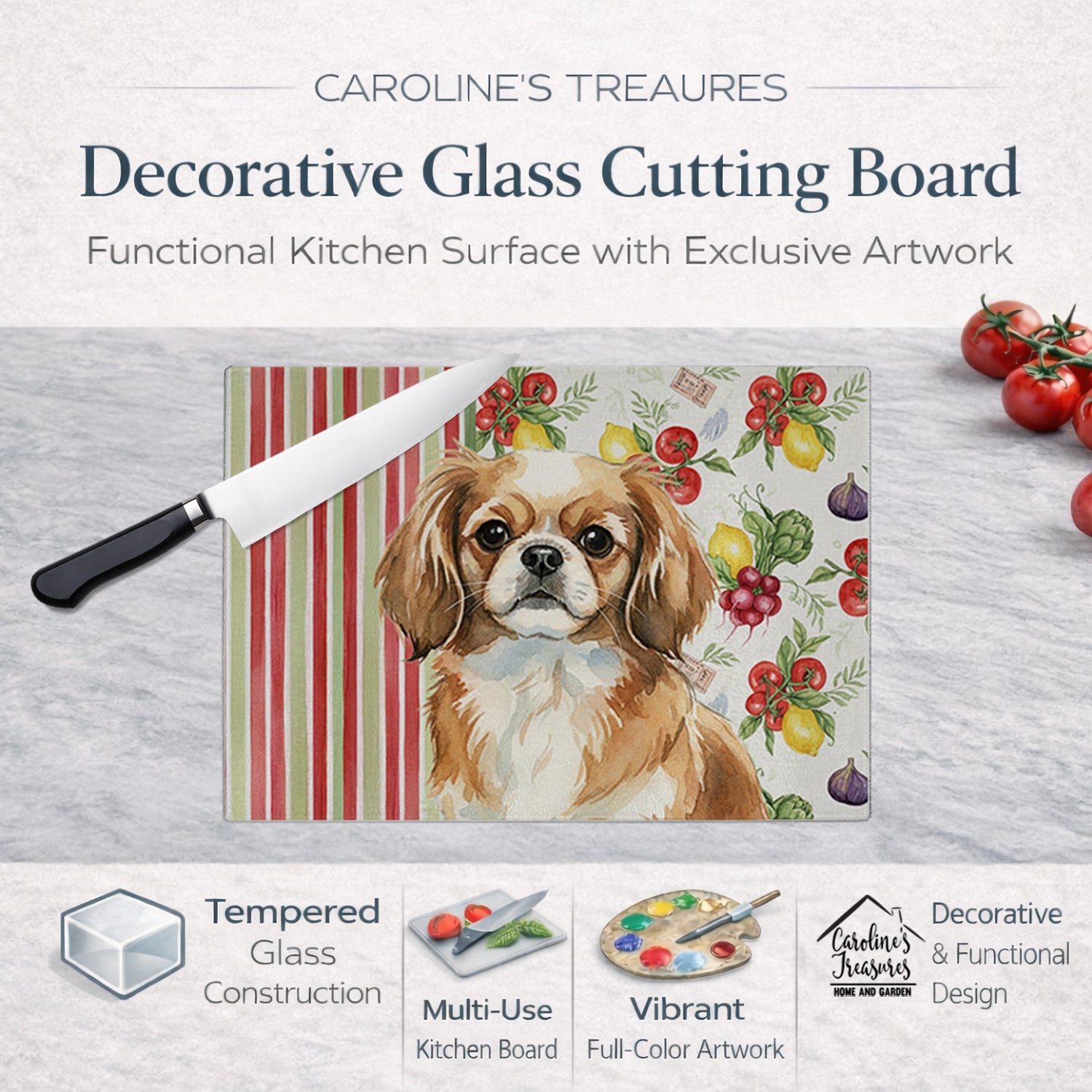Tibetan Spaniel Vegetables Cutting Board Tempered Glass Kitchen Cutting Surface, Heat Resistant Chopping, Non-Slip Feet, Food Prep & Serving