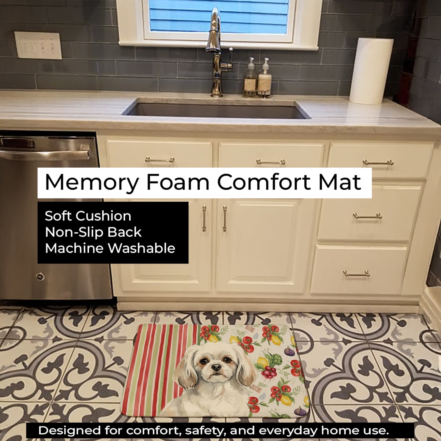 White Tibetan Spaniel Vegetables Memory Foam Kitchen Mat Machine Washable Anti-Fatigue Cushion Comfort Bath or Kitchen Rug