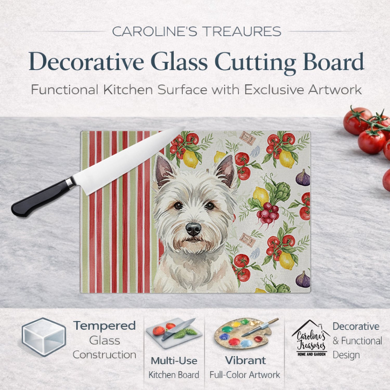 Westie Vegetables Cutting Board Tempered Glass Kitchen Cutting Surface, Heat Resistant Chopping, Non-Slip Feet, Food Prep & Serving
