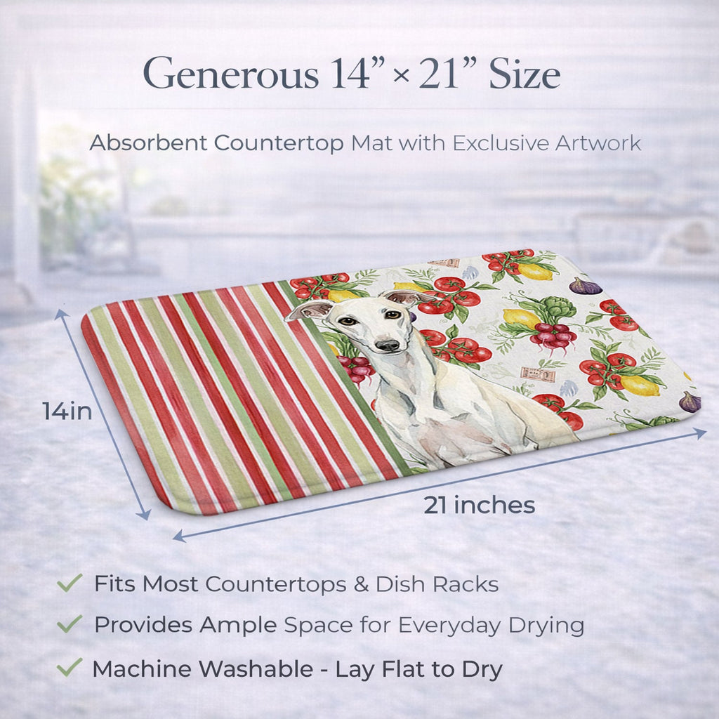 White Whippet Vegetables Dish Drying Mat Absorbent Dish Drying Mat Pad for Kitchen Counter Dish Drainer Mat for Countertop, 14 x 21", Multicolor
