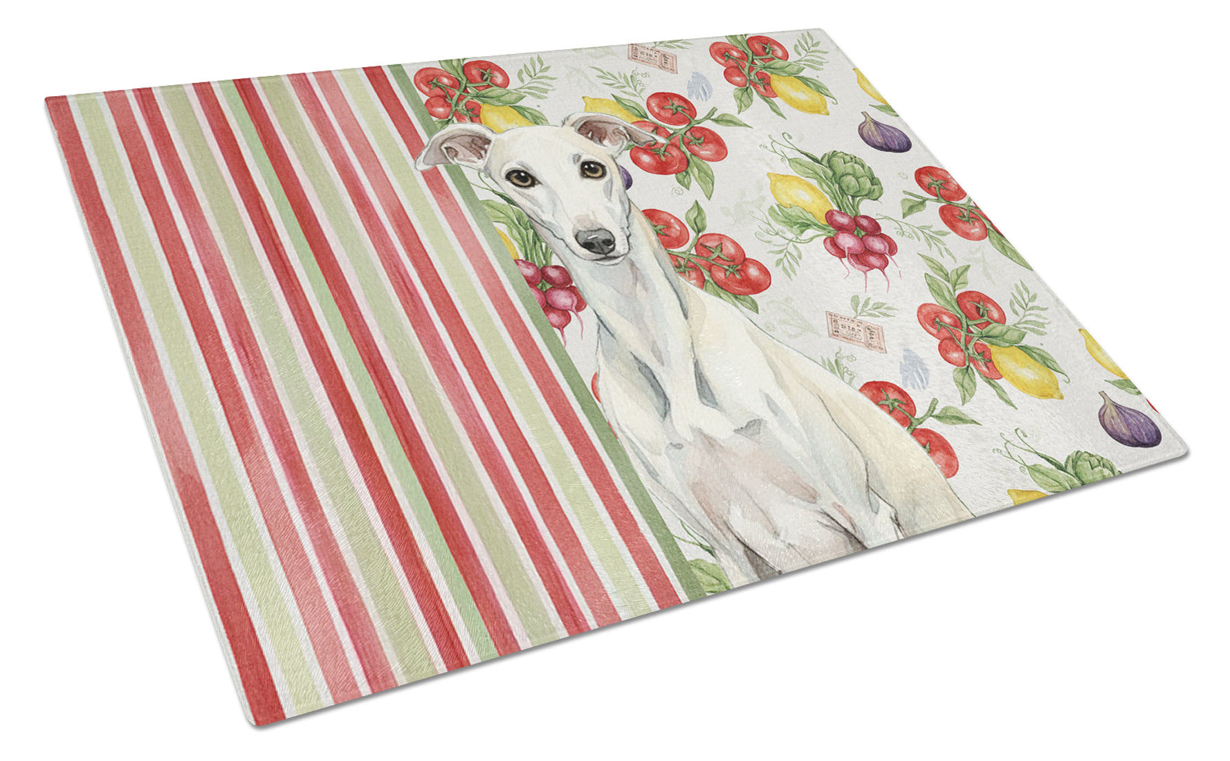 White Whippet Vegetables Cutting Board Tempered Glass Kitchen Cutting Surface, Heat Resistant Chopping, Non-Slip Feet, Food Prep & Serving