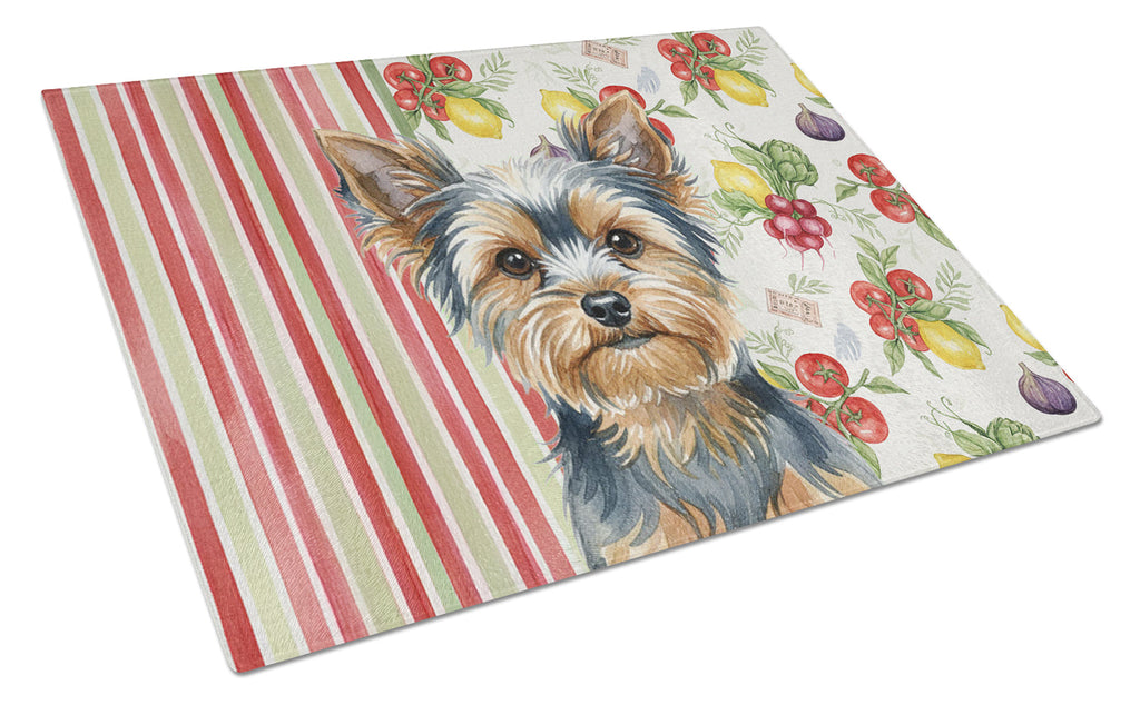 Blue and Tan Yorkshire Terrier Vegetables Cutting Board Tempered Glass Kitchen Cutting Surface, Heat Resistant Chopping, Non-Slip Feet, Food Prep & Serving