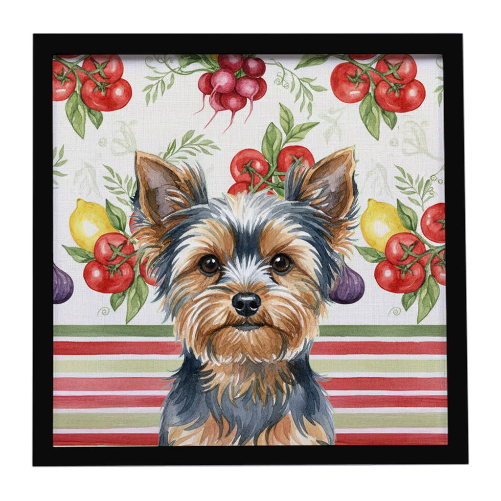 Blue and Tan Yorkshire Terrier Vegetables Framed Metal Print Bathroom, Kitchen, Office, Home Decor Wall Art Ready to Hang, Square, 8X8