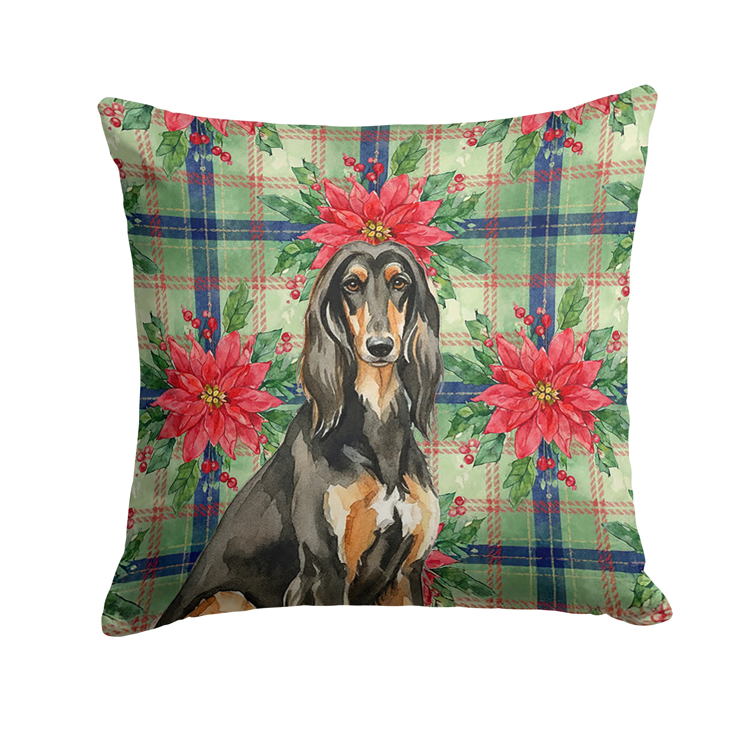 Black & Tan Afghan Hound Christmas PoinsettIas Decorative Throw Pillow 14x14 Indoor Outdoor Accent Cushion, Fabric Cover with Insert for Sofa, Bed, Porch & Living Room