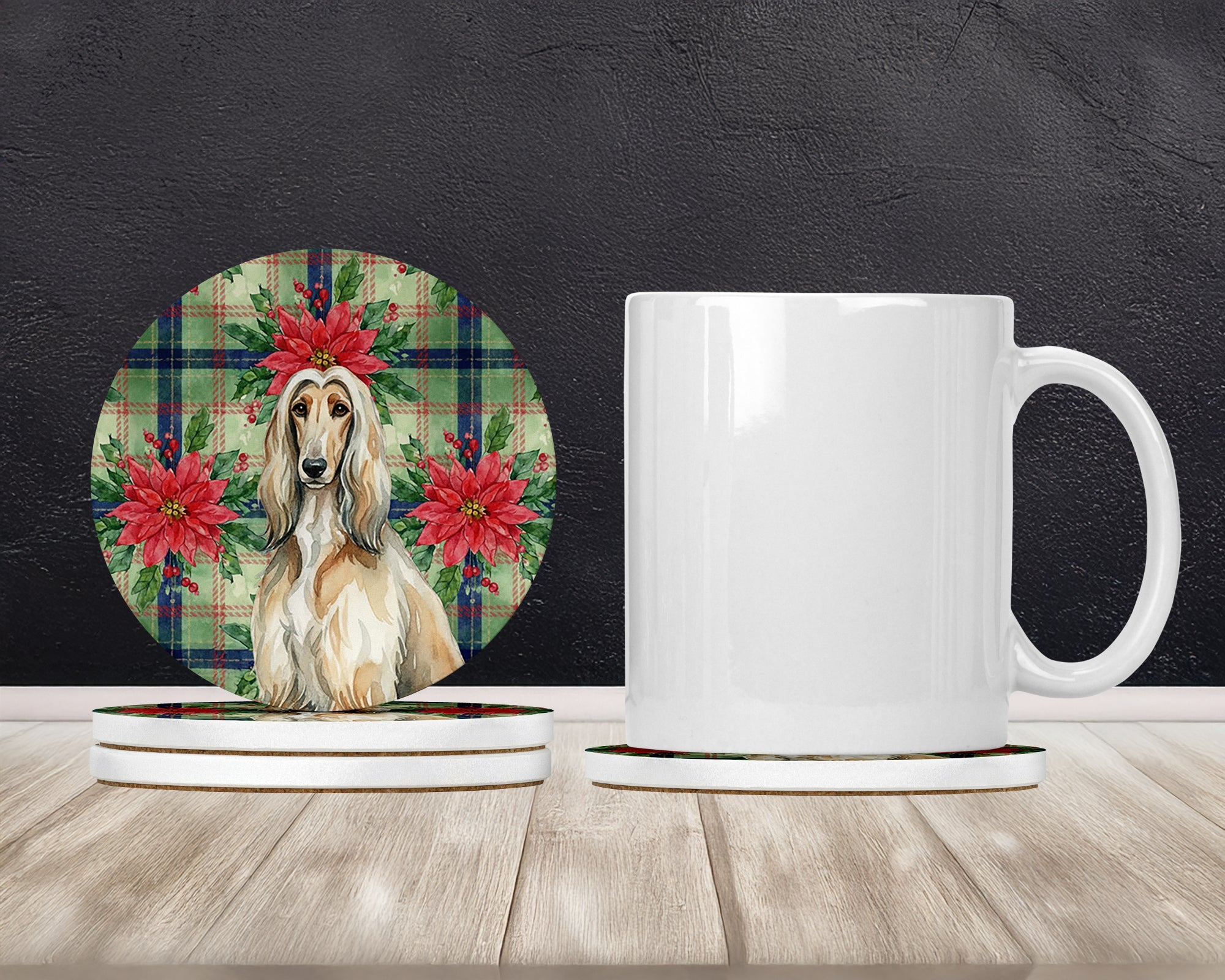 Afghan Hound Christmas PoinsettIas Large Sandstone Coasters Pack of 4 Absorbent Round Coasters Decor Gifts for Men or Women, 4 in, Multicolor