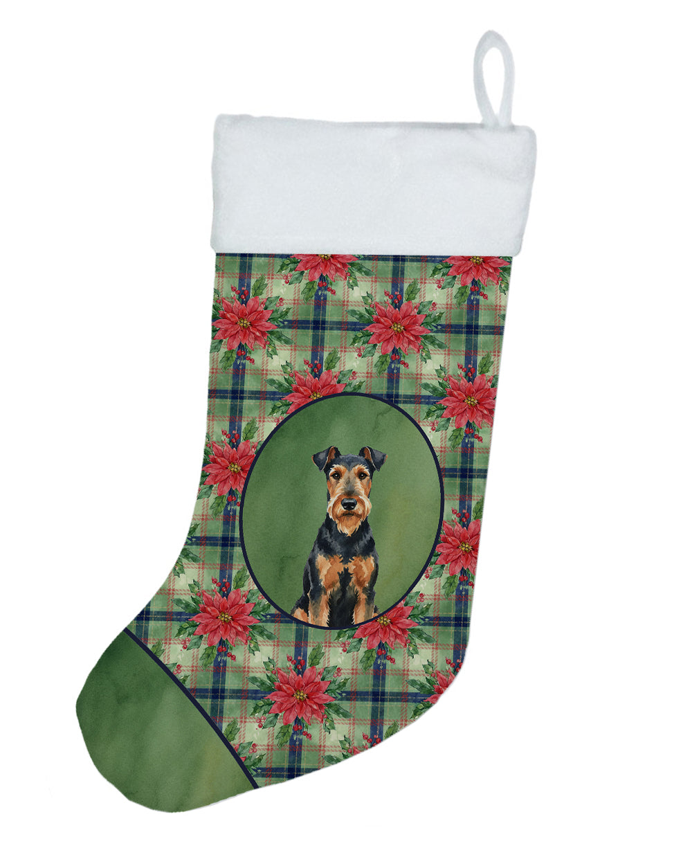 Airedale Terrier Christmas PoinsettIas Holiday Stocking Double-Sided Print, Polyester Suede,11x18, Made in USA