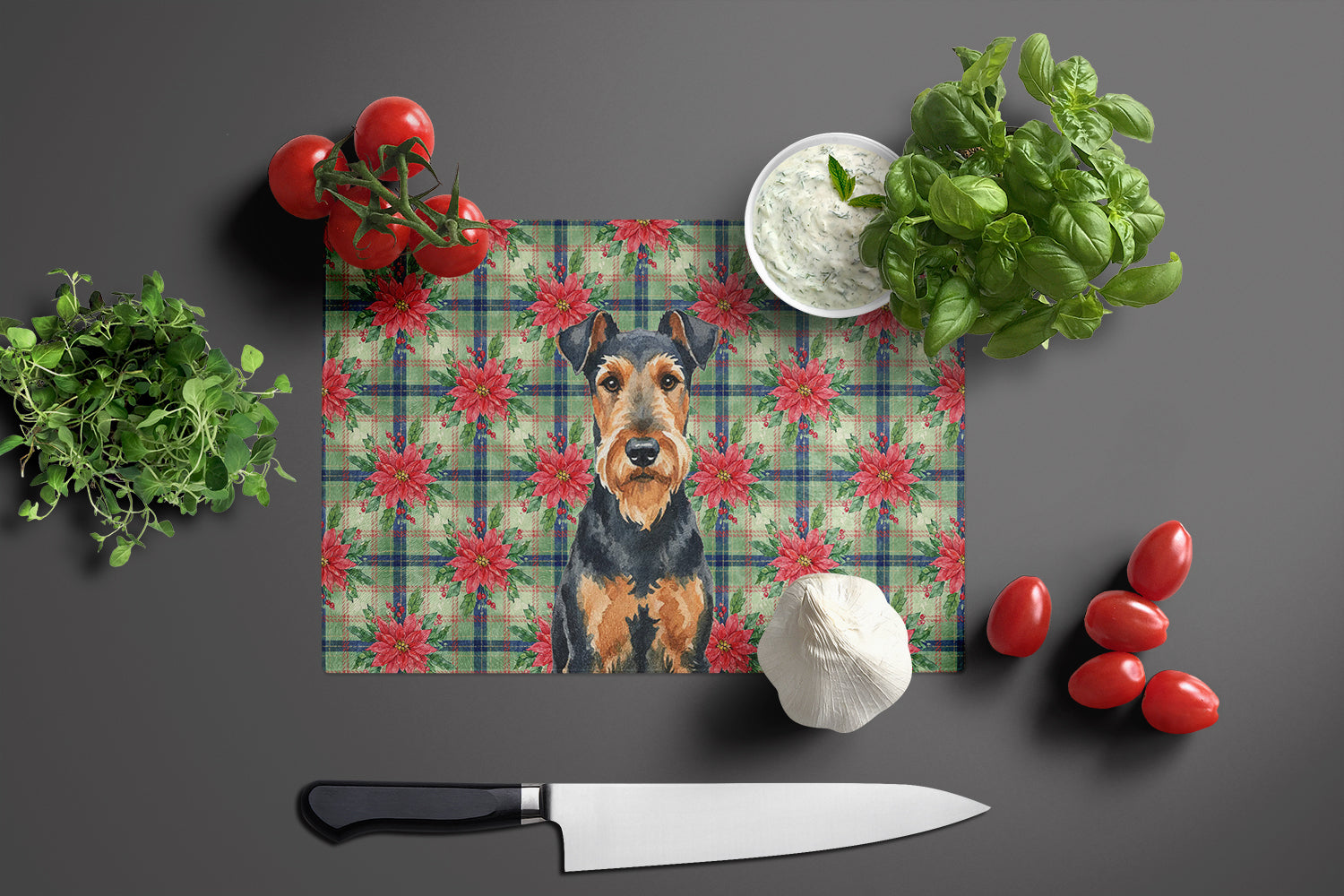 Airedale Terrier Christmas PoinsettIas Cutting Board Tempered Glass Kitchen Cutting Surface, Heat Resistant Chopping, Non-Slip Feet, Food Prep & Serving