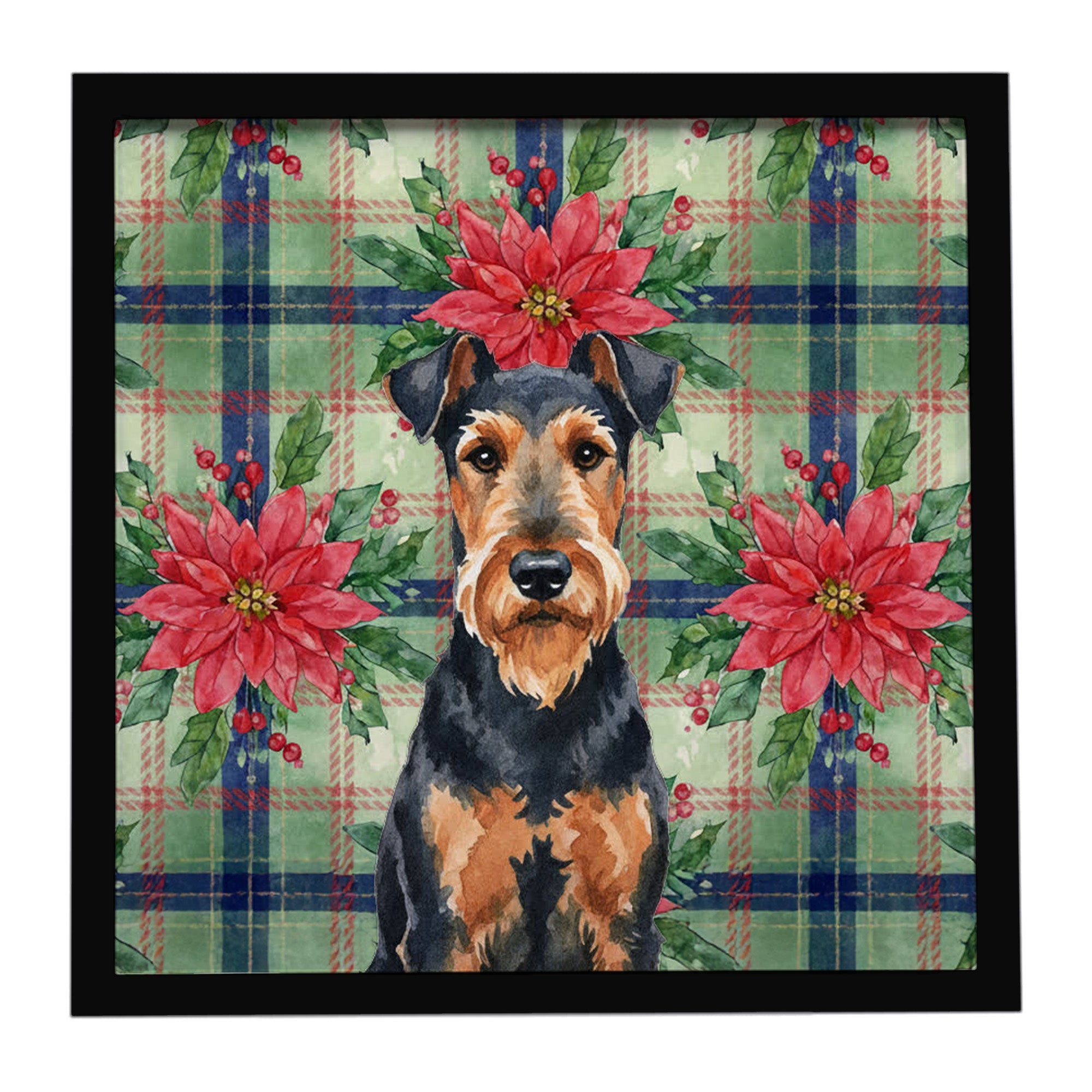 Airedale Terrier Christmas PoinsettIas Framed Metal Print Bathroom, Kitchen, Office, Home Decor Wall Art Ready to Hang, Square, 8X8