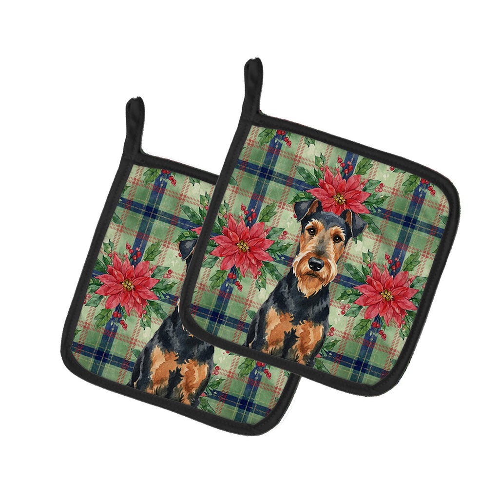 Airedale Terrier Christmas PoinsettIas Pot Holder Set of 2 Heat Resistant Quilted Hot Pads 7.5 x 7.5 Inch, Insulated Kitchen Trivets for Cooking & Baking