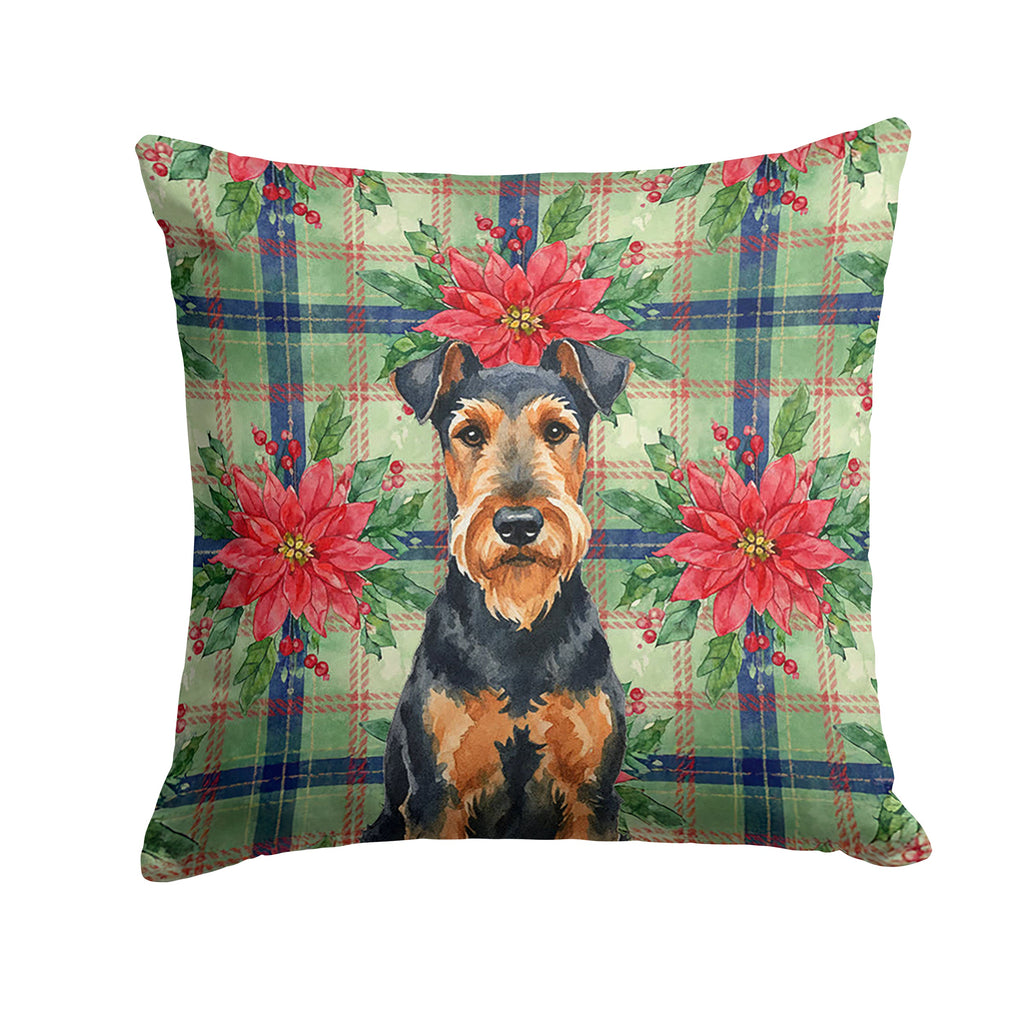Airedale Terrier Christmas PoinsettIas Decorative Throw Pillow 14x14 Indoor Outdoor Accent Cushion, Fabric Cover with Insert for Sofa, Bed, Porch & Living Room