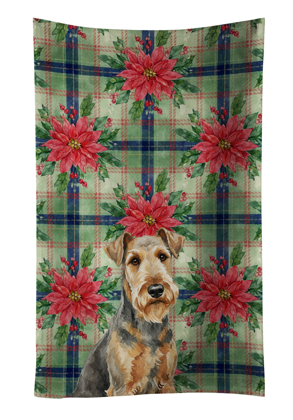 Grizzle Airedale Terrier Christmas PoinsettIas Kitchen Towel Velour Plush Front and Cotton Loop Back Machine Washable