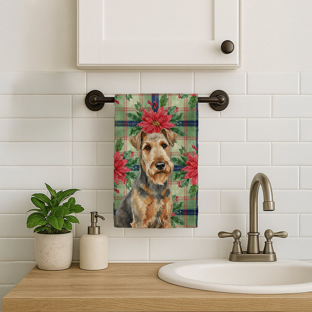 Grizzle Airedale Terrier Christmas PoinsettIas Kitchen Towel Velour Plush Front and Cotton Loop Back Machine Washable