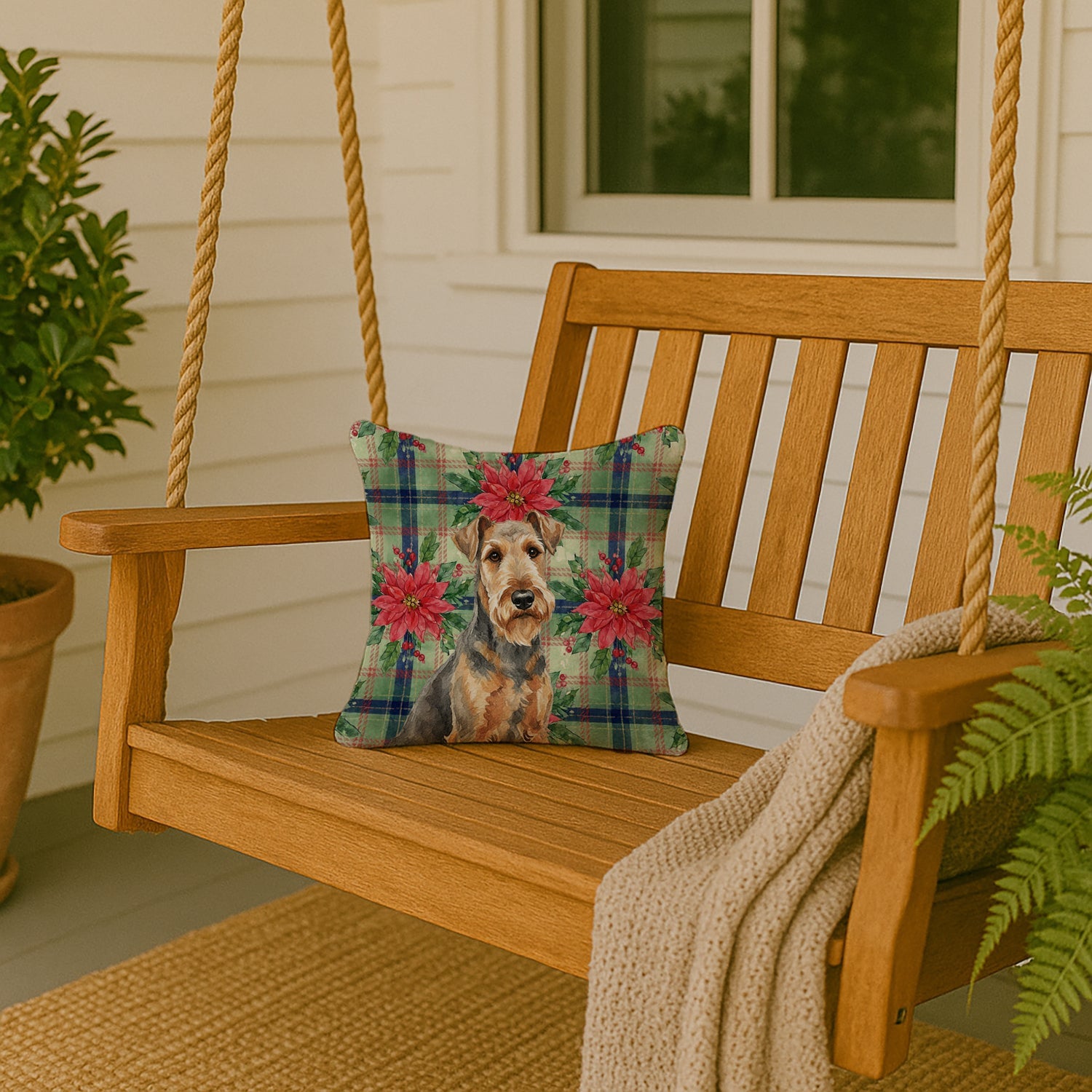 Grizzle Airedale Terrier Christmas PoinsettIas Decorative Throw Pillow 14x14 Indoor Outdoor Accent Cushion, Fabric Cover with Insert for Sofa, Bed, Porch & Living Room
