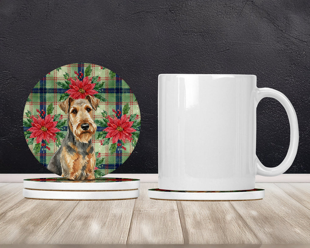 Grizzle Airedale Terrier Christmas PoinsettIas Large Sandstone Coasters Pack of 4 Absorbent Round Coasters Decor Gifts for Men or Women, 4 in, Multicolor