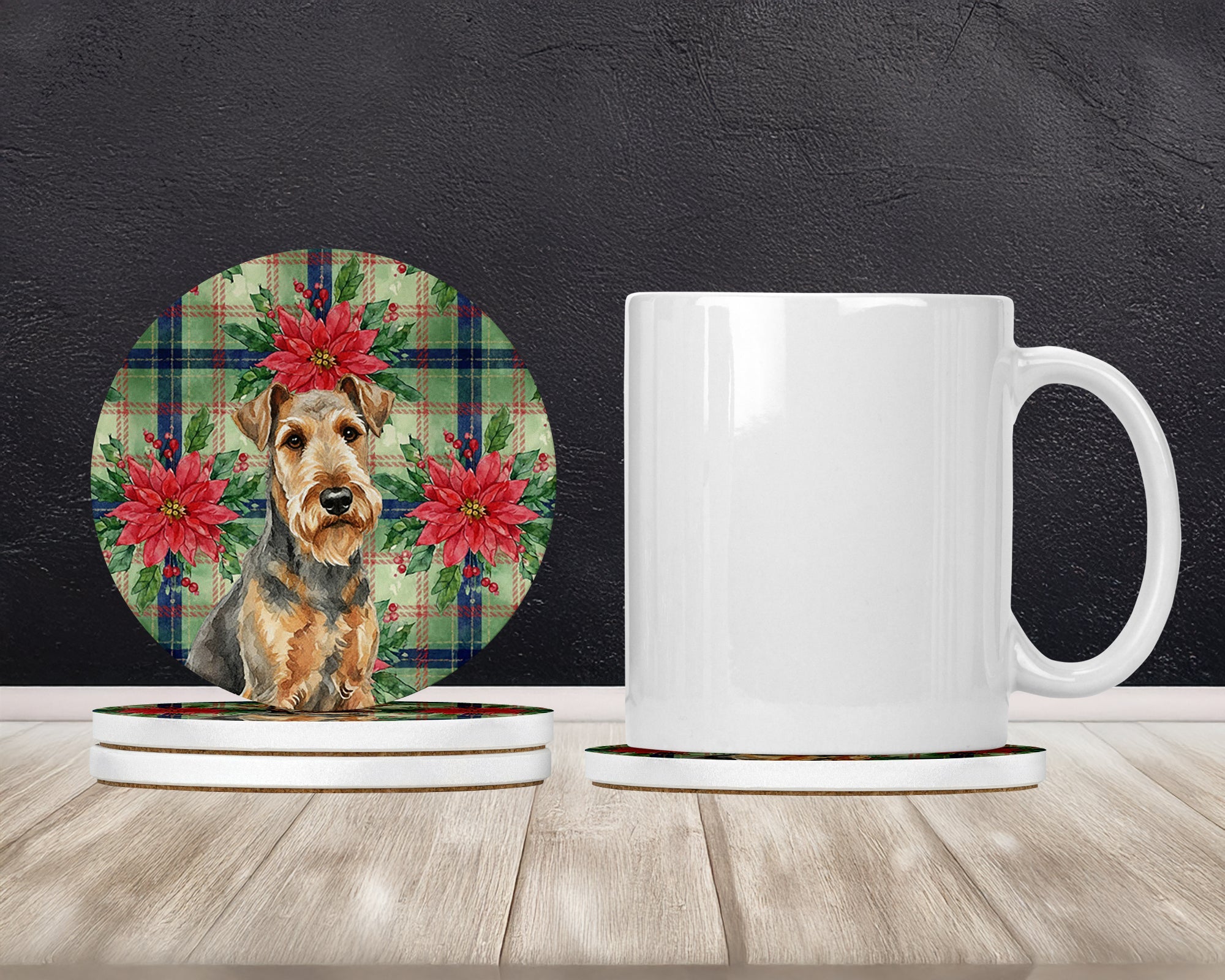 Grizzle Airedale Terrier Christmas PoinsettIas Large Sandstone Coasters Pack of 4 Absorbent Round Coasters Decor Gifts for Men or Women, 4 in, Multicolor