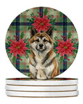 Brindle Akita Christmas PoinsettIas Large Sandstone Coasters Pack of 4 Absorbent Round Coasters Decor Gifts for Men or Women, 4 in, Multicolor