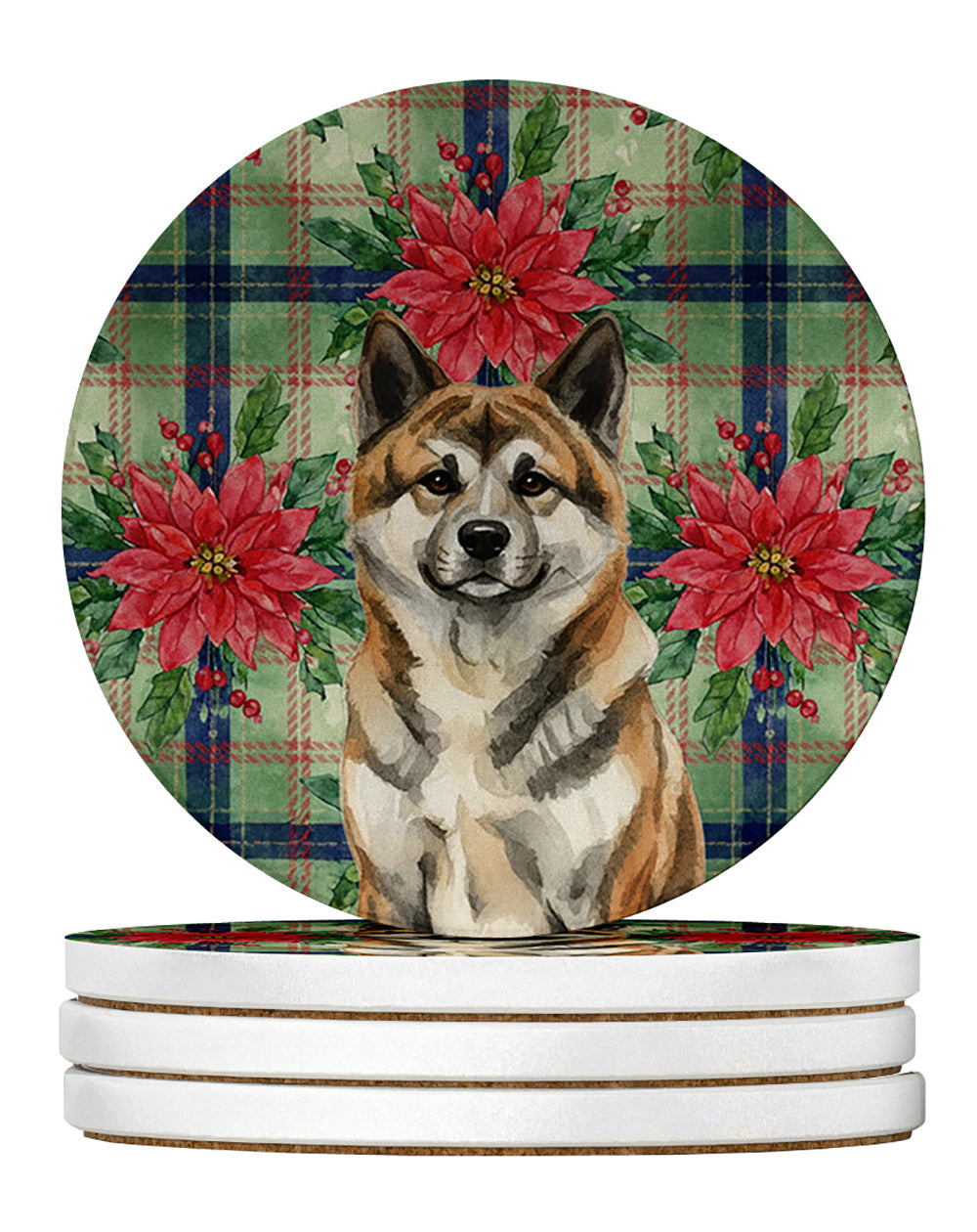 Brindle Akita Christmas PoinsettIas Large Sandstone Coasters Pack of 4 Absorbent Round Coasters Decor Gifts for Men or Women, 4 in, Multicolor