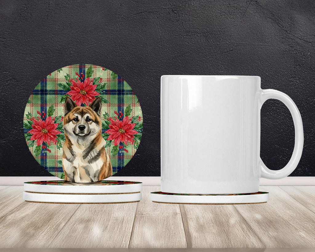 Brindle Akita Christmas PoinsettIas Large Sandstone Coasters Pack of 4 Absorbent Round Coasters Decor Gifts for Men or Women, 4 in, Multicolor