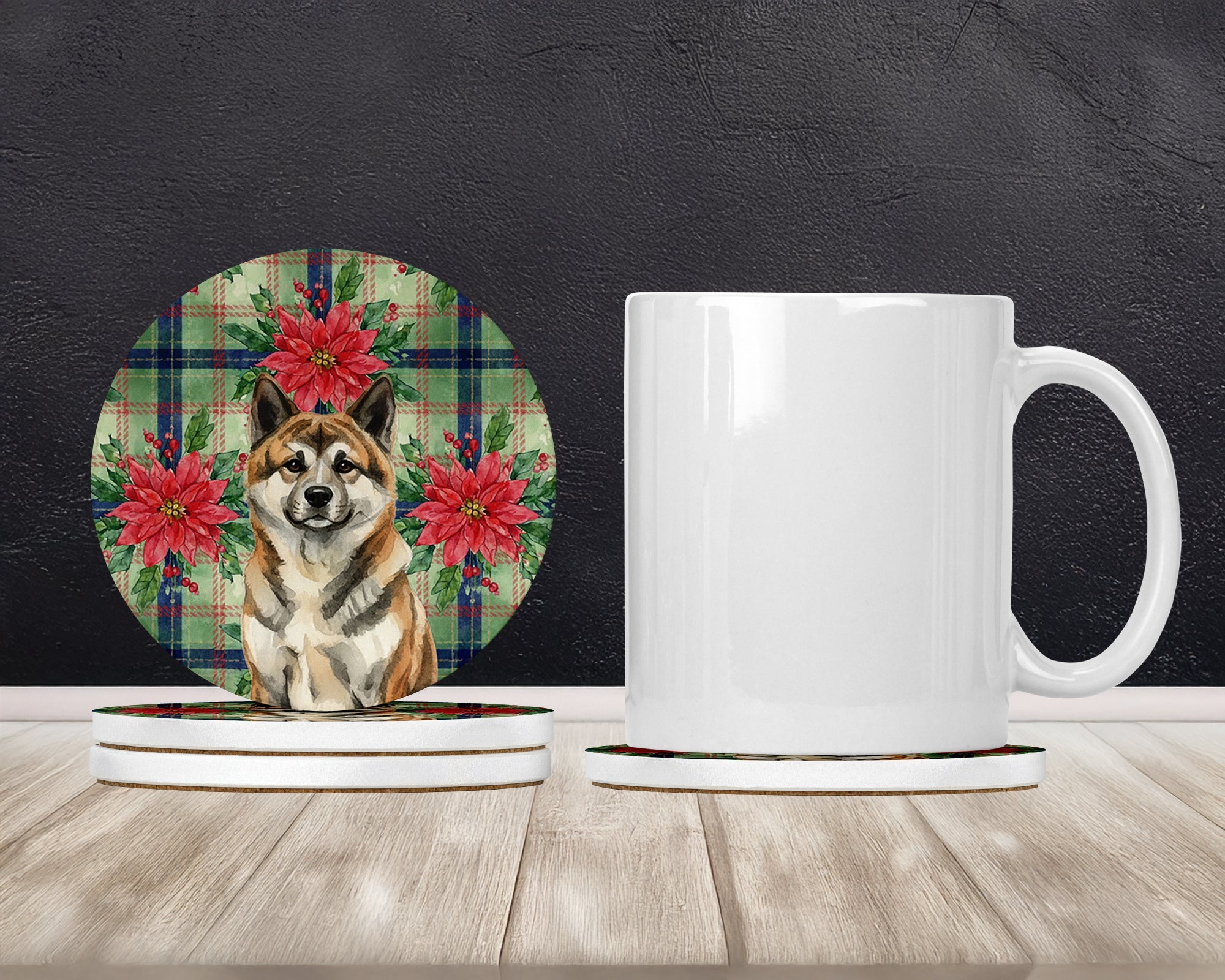 Brindle Akita Christmas PoinsettIas Large Sandstone Coasters Pack of 4 Absorbent Round Coasters Decor Gifts for Men or Women, 4 in, Multicolor
