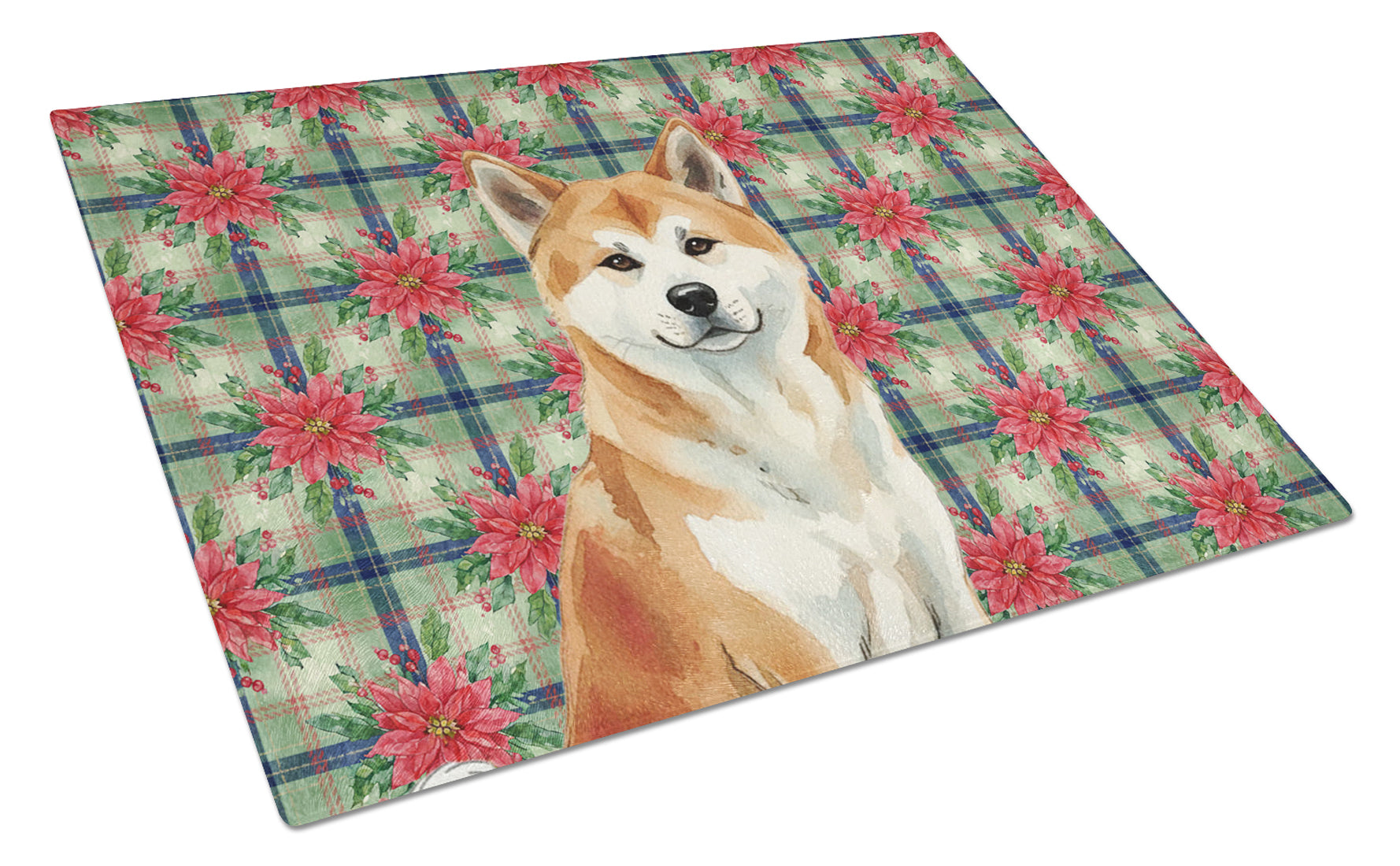 Red Akita Christmas PoinsettIas Cutting Board Tempered Glass Kitchen Cutting Surface, Heat Resistant Chopping, Non-Slip Feet, Food Prep & Serving