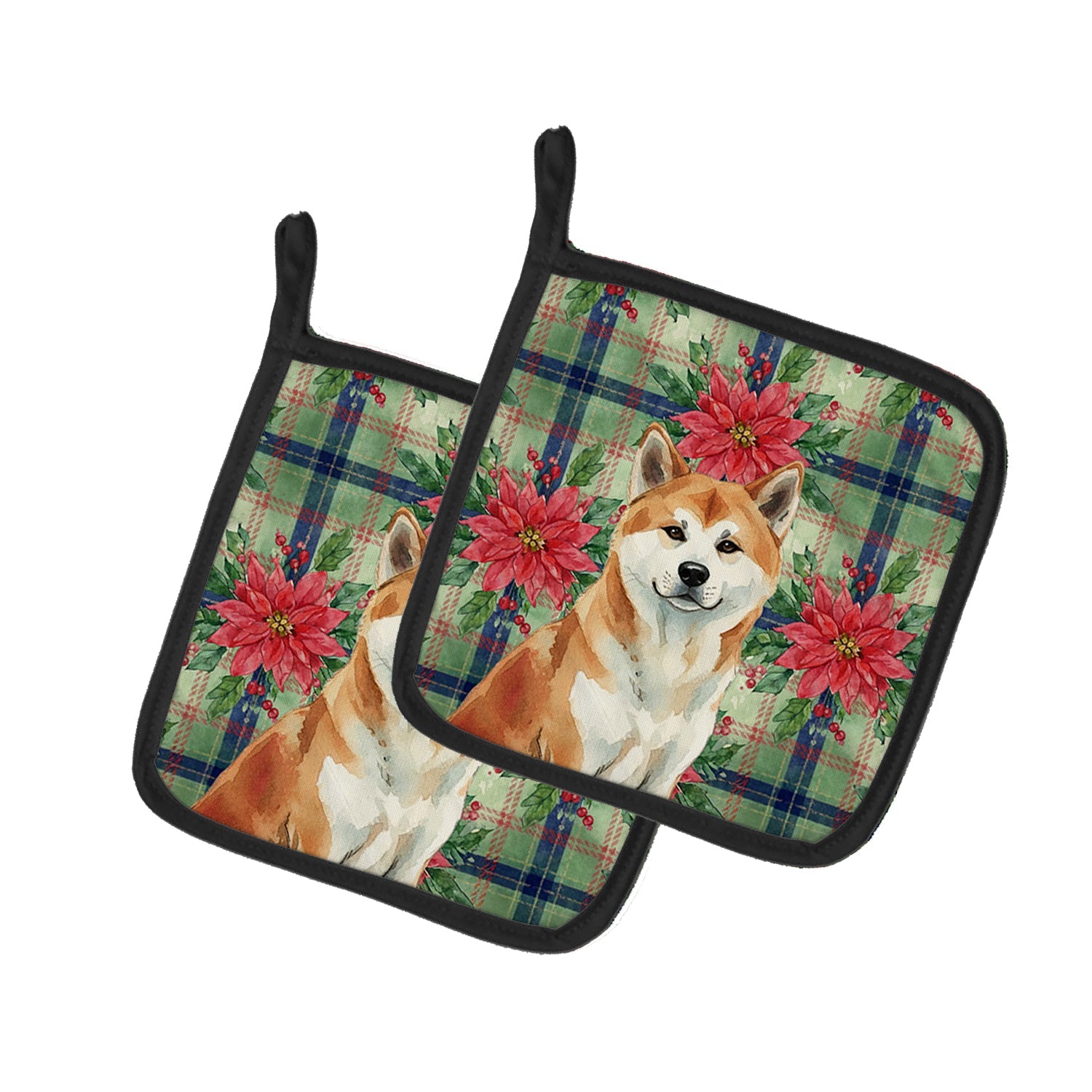 Red Akita Christmas PoinsettIas Pot Holder Set of 2 Heat Resistant Quilted Hot Pads 7.5 x 7.5 Inch, Insulated Kitchen Trivets for Cooking & Baking