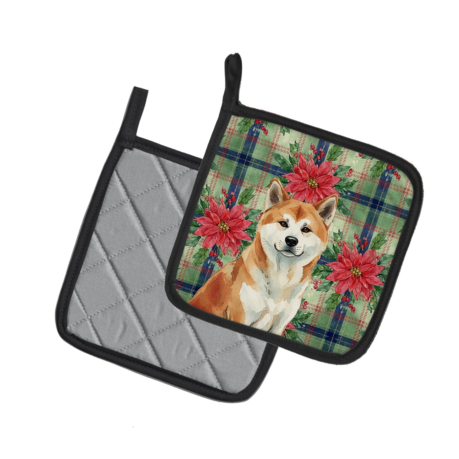 Red Akita Christmas PoinsettIas Pot Holder Set of 2 Heat Resistant Quilted Hot Pads 7.5 x 7.5 Inch, Insulated Kitchen Trivets for Cooking & Baking