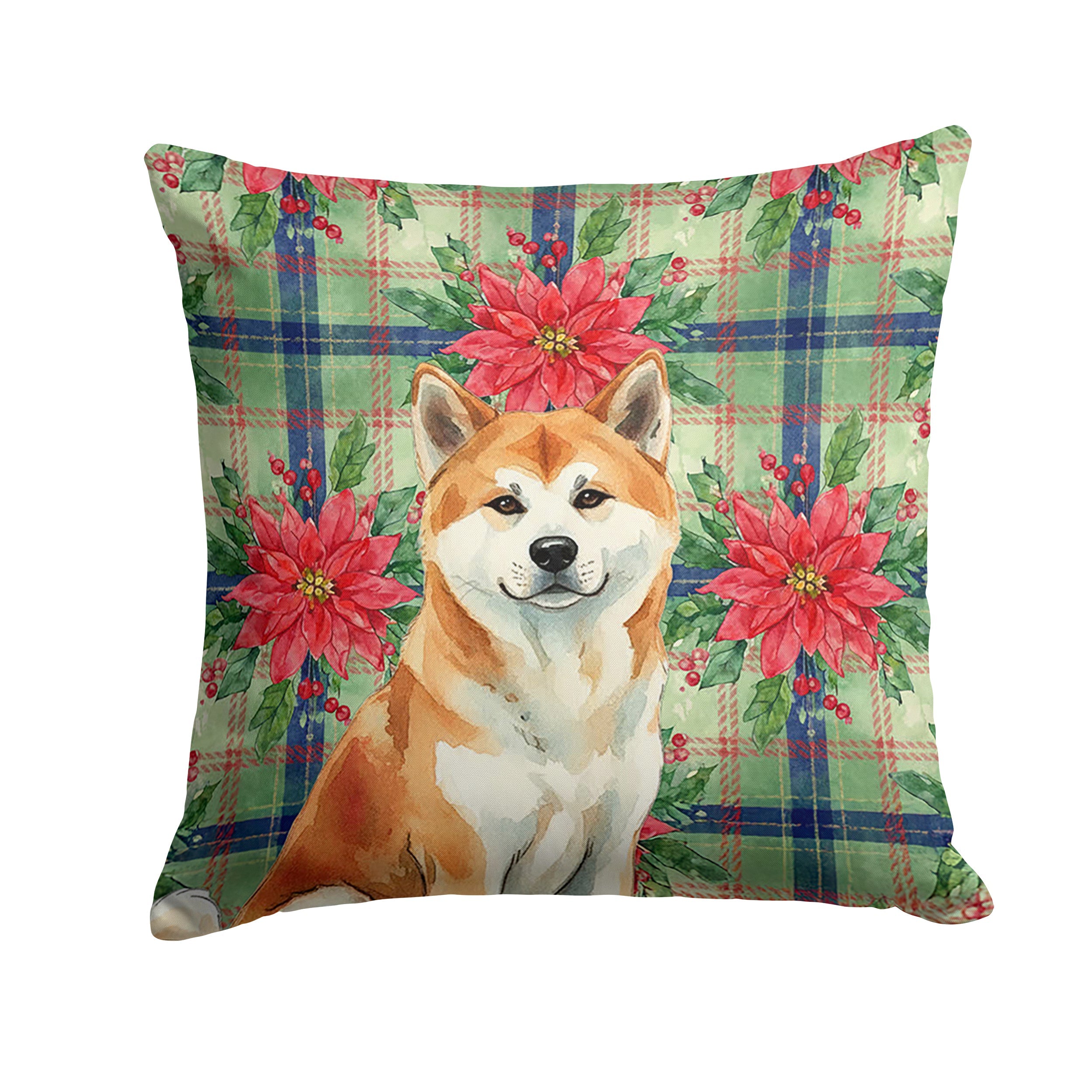 Red Akita Christmas PoinsettIas Decorative Throw Pillow 14x14 Indoor Outdoor Accent Cushion, Fabric Cover with Insert for Sofa, Bed, Porch & Living Room