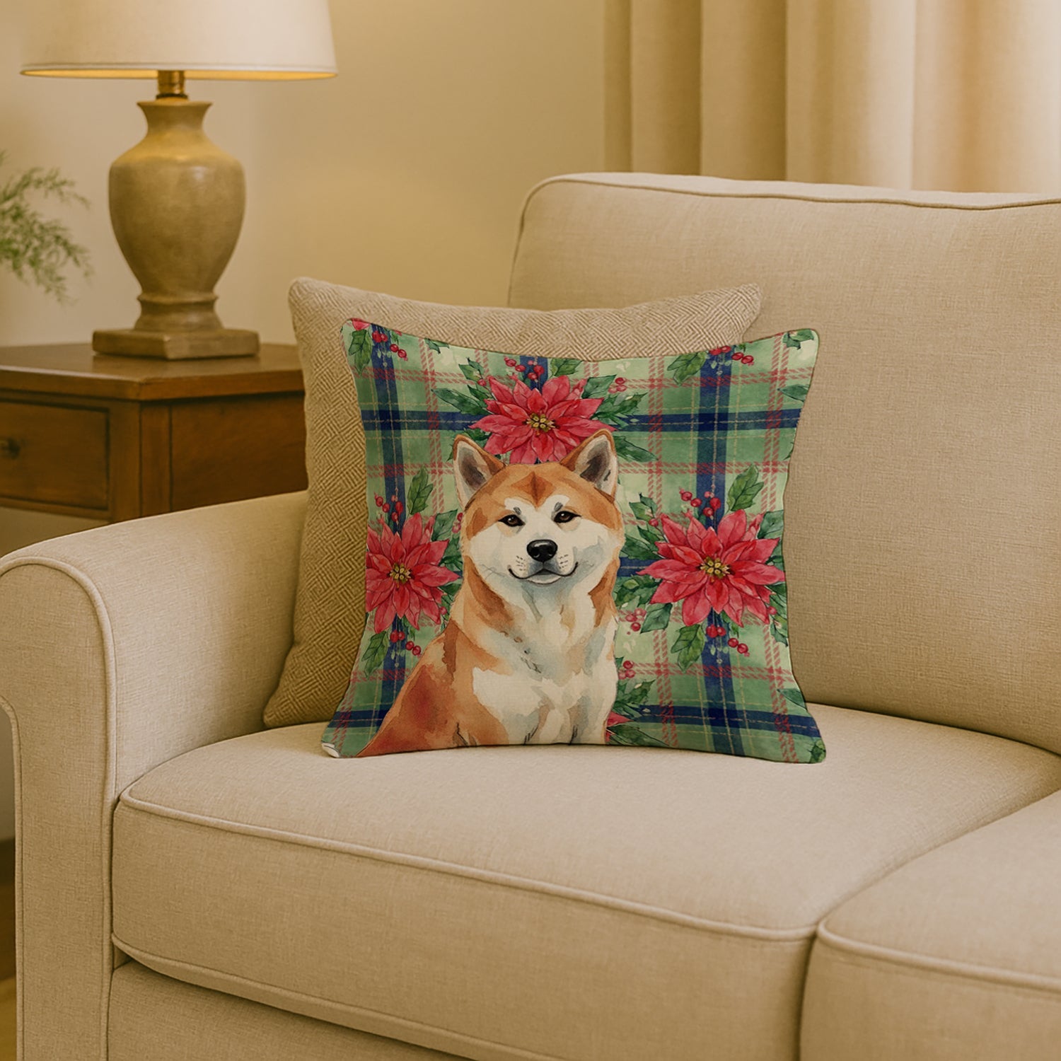Red Akita Christmas PoinsettIas Decorative Throw Pillow 18x18 Indoor Outdoor Accent Cushion, Fabric Cover with Insert for Sofa, Bed, Porch & Living Room
