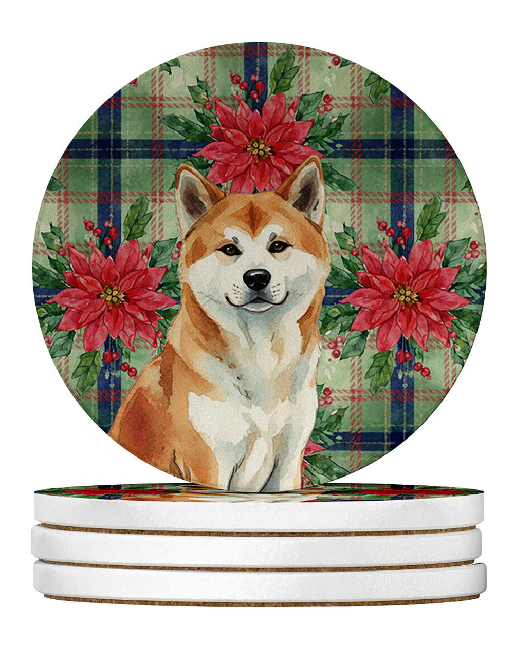 Red Akita Christmas PoinsettIas Large Sandstone Coasters Pack of 4 Absorbent Round Coasters Decor Gifts for Men or Women, 4 in, Multicolor