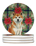 Red Akita Christmas PoinsettIas Large Sandstone Coasters Pack of 4 Absorbent Round Coasters Decor Gifts for Men or Women, 4 in, Multicolor