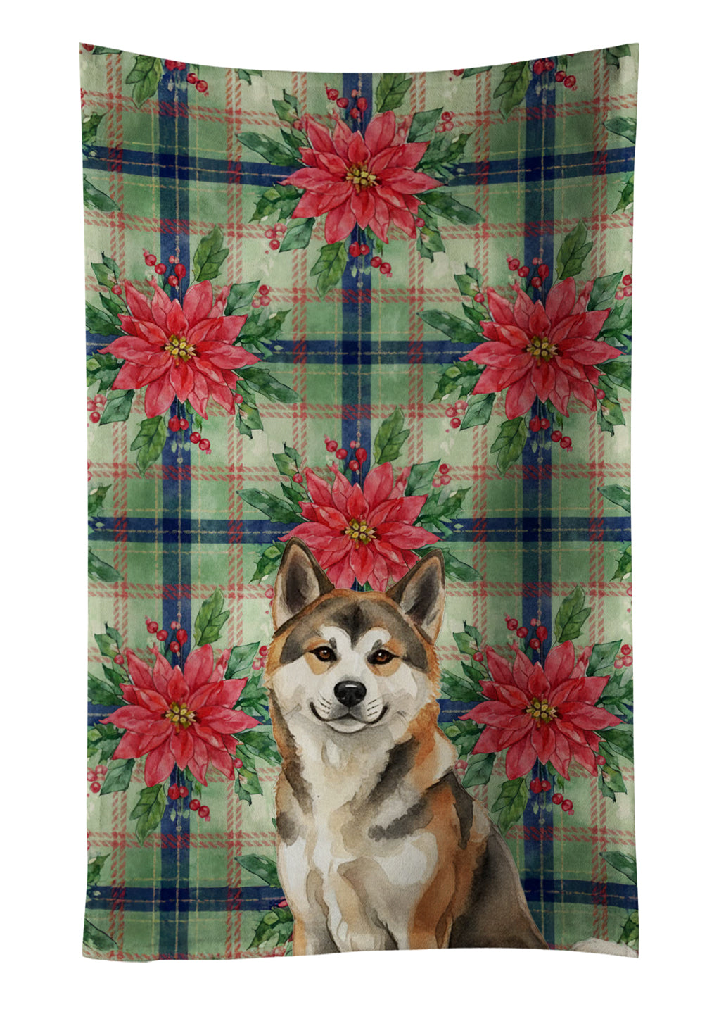 Sesame Akita Christmas PoinsettIas Kitchen Towel Velour Plush Front and Cotton Loop Back Machine Washable