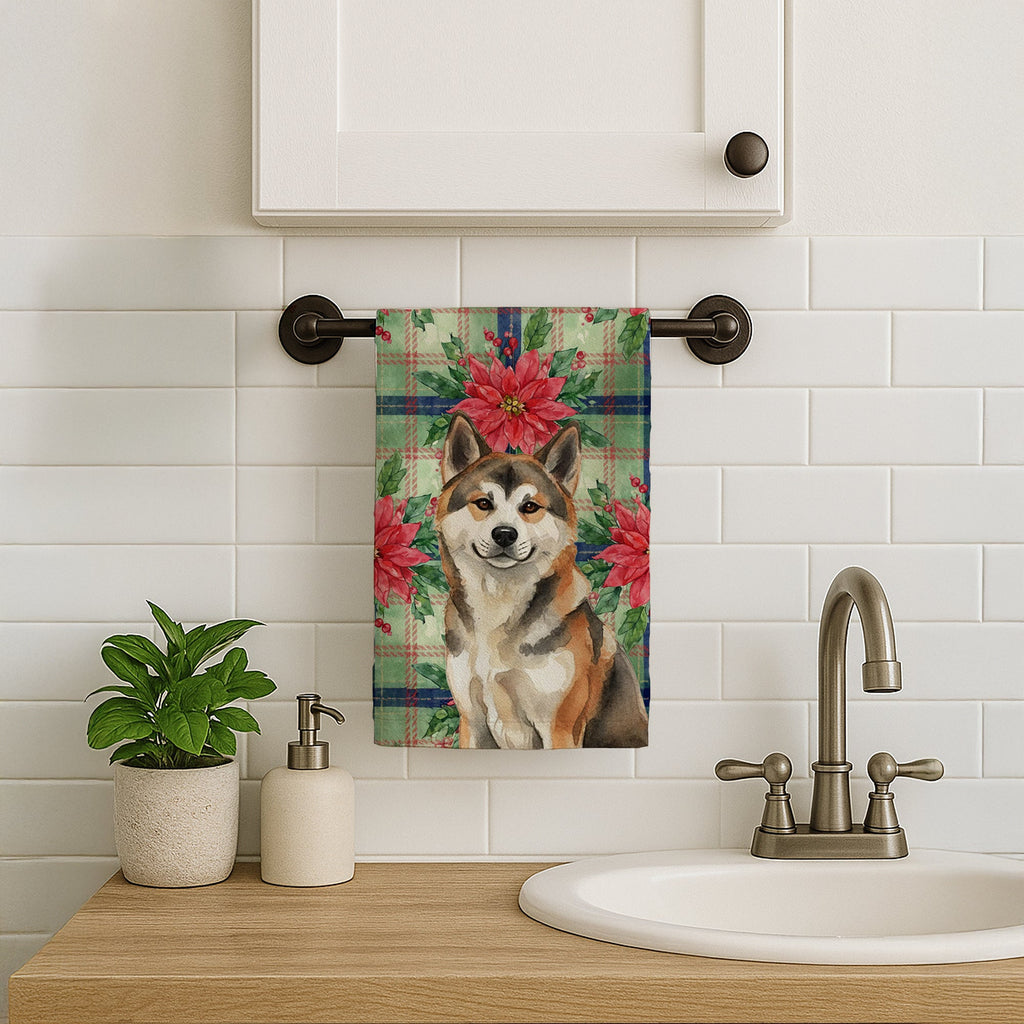 Sesame Akita Christmas PoinsettIas Kitchen Towel Velour Plush Front and Cotton Loop Back Machine Washable