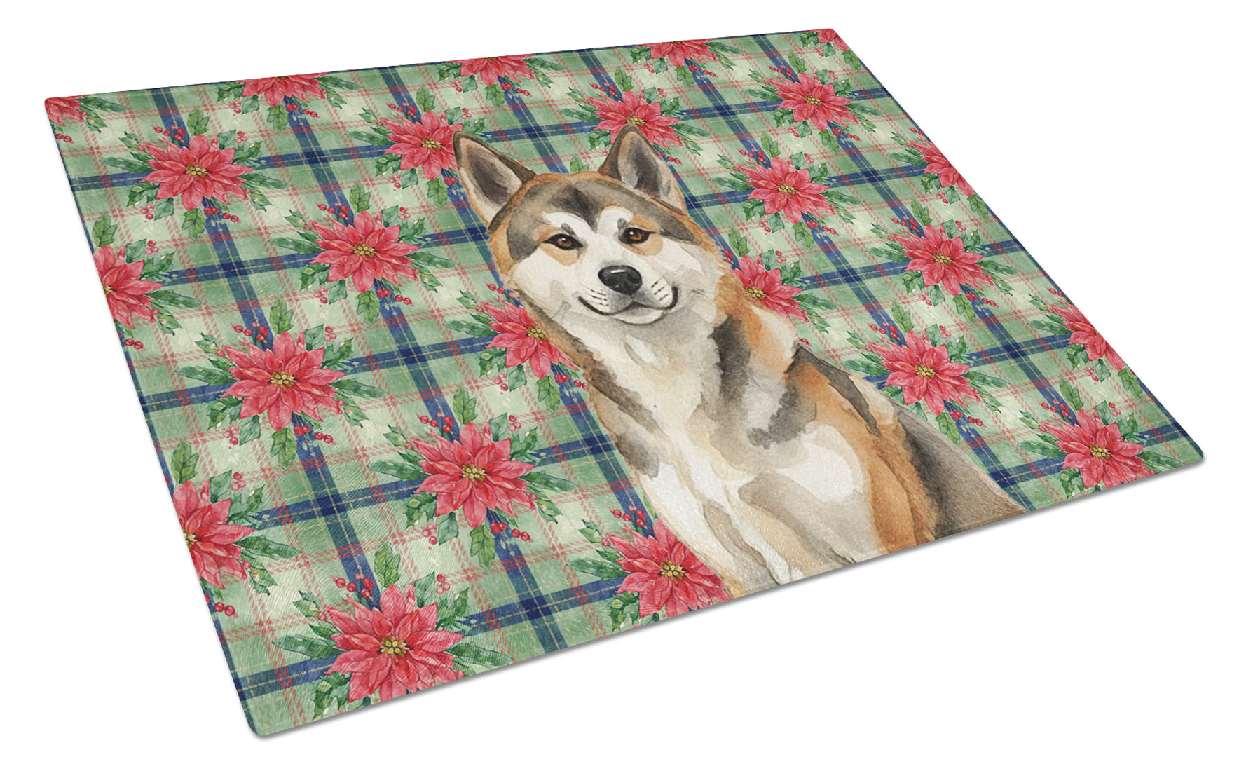 Sesame Akita Christmas PoinsettIas Cutting Board Tempered Glass Kitchen Cutting Surface, Heat Resistant Chopping, Non-Slip Feet, Food Prep & Serving