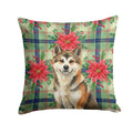 Sesame Akita Christmas PoinsettIas Decorative Throw Pillow 14x14 Indoor Outdoor Accent Cushion, Fabric Cover with Insert for Sofa, Bed, Porch & Living Room