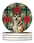 Sesame Akita Christmas PoinsettIas Large Sandstone Coasters Pack of 4 Absorbent Round Coasters Decor Gifts for Men or Women, 4 in, Multicolor