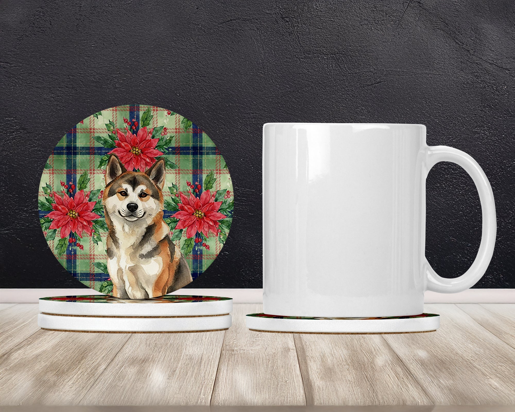 Sesame Akita Christmas PoinsettIas Large Sandstone Coasters Pack of 4 Absorbent Round Coasters Decor Gifts for Men or Women, 4 in, Multicolor