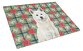 White Akita Christmas PoinsettIas Cutting Board Tempered Glass Kitchen Cutting Surface, Heat Resistant Chopping, Non-Slip Feet, Food Prep & Serving