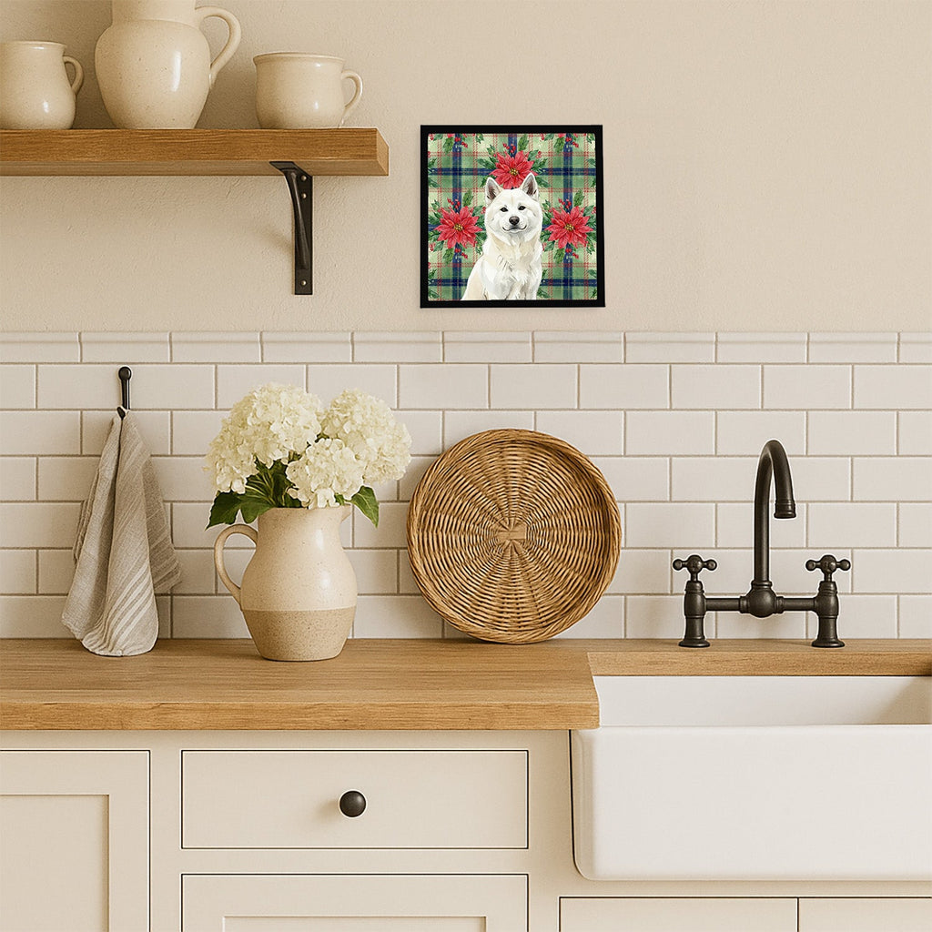 White Akita Christmas PoinsettIas Framed Metal Print Bathroom, Kitchen, Office, Home Decor Wall Art Ready to Hang, Square, 8X8