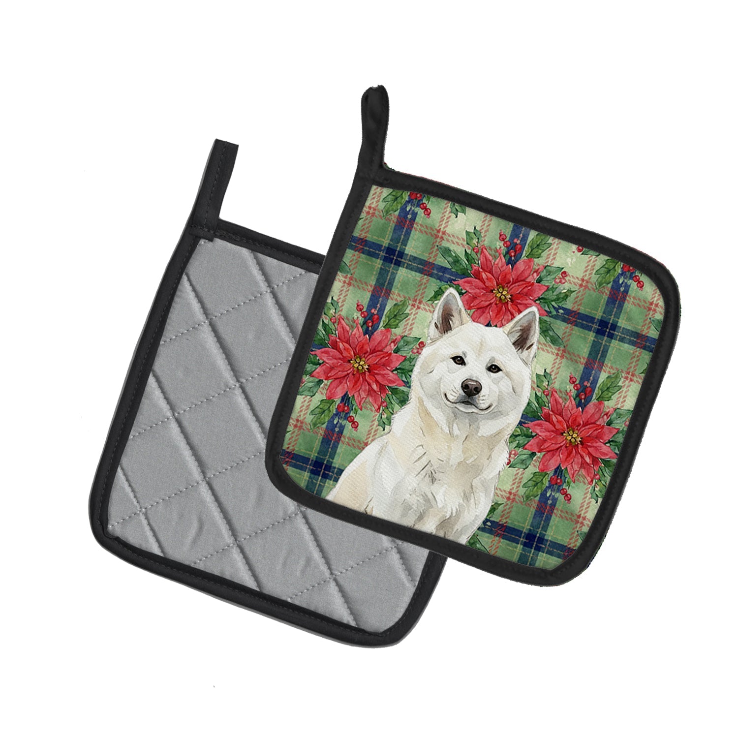 White Akita Christmas PoinsettIas Pot Holder Set of 2 Heat Resistant Quilted Hot Pads 7.5 x 7.5 Inch, Insulated Kitchen Trivets for Cooking & Baking