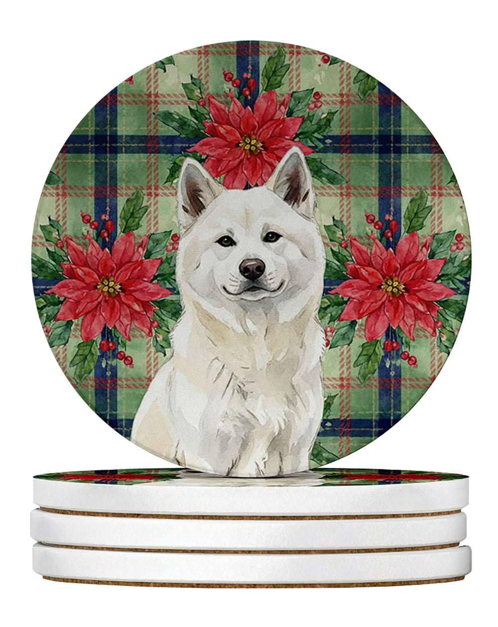 White Akita Christmas PoinsettIas Large Sandstone Coasters Pack of 4 Absorbent Round Coasters Decor Gifts for Men or Women, 4 in, Multicolor