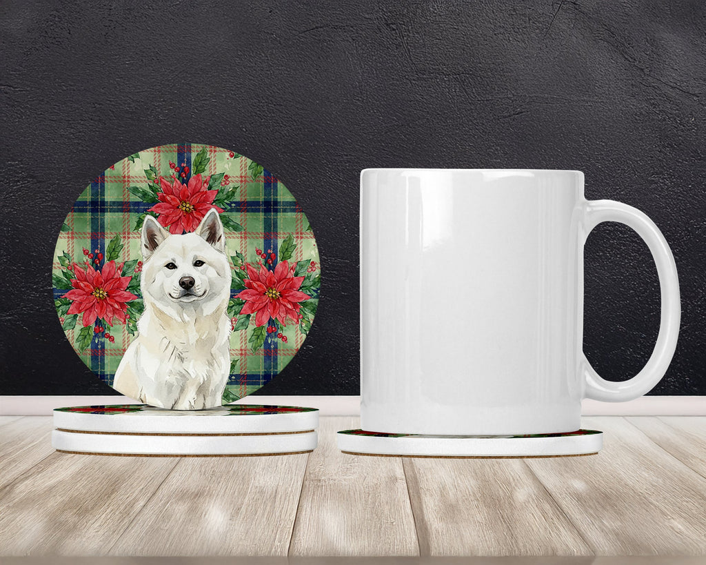 White Akita Christmas PoinsettIas Large Sandstone Coasters Pack of 4 Absorbent Round Coasters Decor Gifts for Men or Women, 4 in, Multicolor