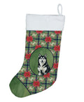Black and White Alaskan Malamute Christmas PoinsettIas Holiday Stocking Double-Sided Print, Polyester Suede,11x18, Made in USA