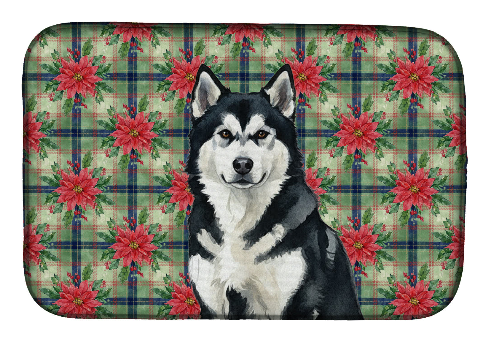 Black and White Alaskan Malamute Christmas PoinsettIas Dish Drying Mat Absorbent Dish Drying Mat Pad for Kitchen Counter Dish Drainer Mat for Countertop, 14 x 21", Multicolor