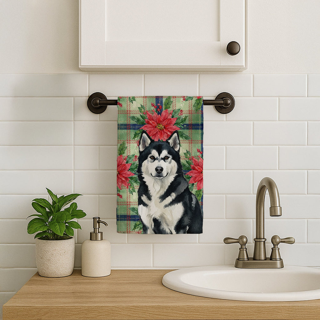 Black and White Alaskan Malamute Christmas PoinsettIas Kitchen Towel Velour Plush Front and Cotton Loop Back Machine Washable