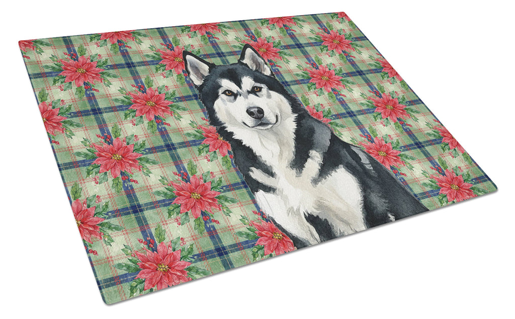 Black and White Alaskan Malamute Christmas PoinsettIas Cutting Board Tempered Glass Kitchen Cutting Surface, Heat Resistant Chopping, Non-Slip Feet, Food Prep & Serving