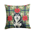 Black and White Alaskan Malamute Christmas PoinsettIas Decorative Throw Pillow 14x14 Indoor Outdoor Accent Cushion, Fabric Cover with Insert for Sofa, Bed, Porch & Living Room