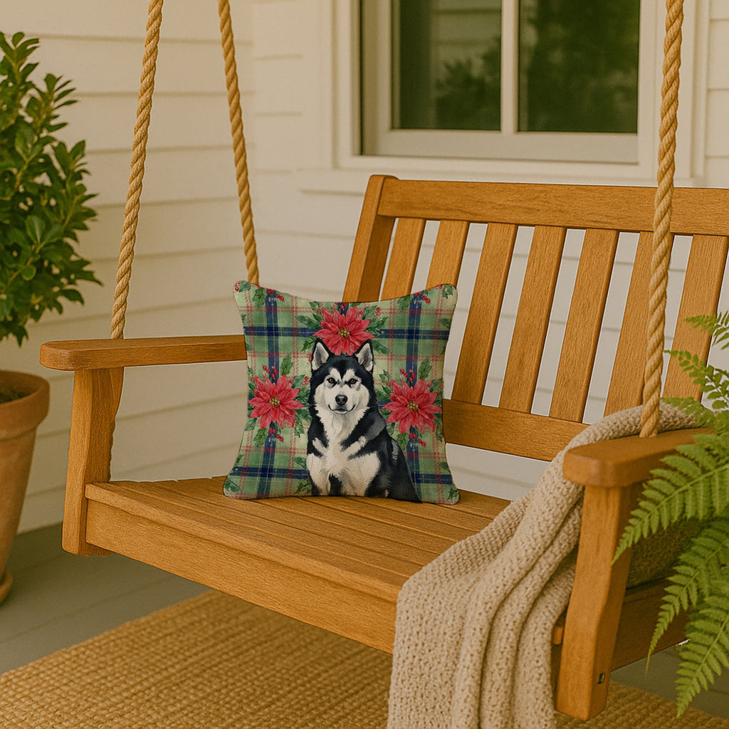 Black and White Alaskan Malamute Christmas PoinsettIas Decorative Throw Pillow 14x14 Indoor Outdoor Accent Cushion, Fabric Cover with Insert for Sofa, Bed, Porch & Living Room