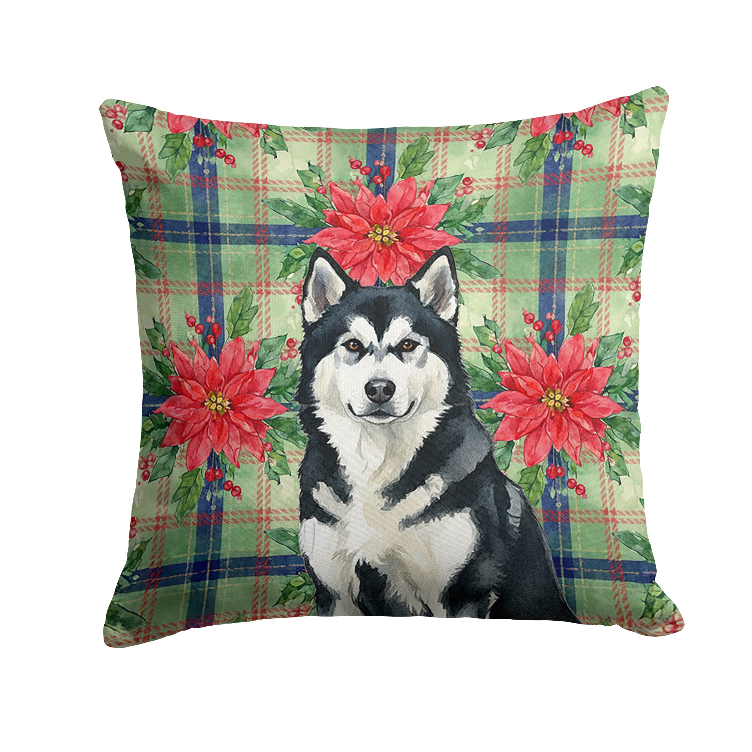 Black and White Alaskan Malamute Christmas PoinsettIas Decorative Throw Pillow 18x18 Indoor Outdoor Accent Cushion, Fabric Cover with Insert for Sofa, Bed, Porch & Living Room